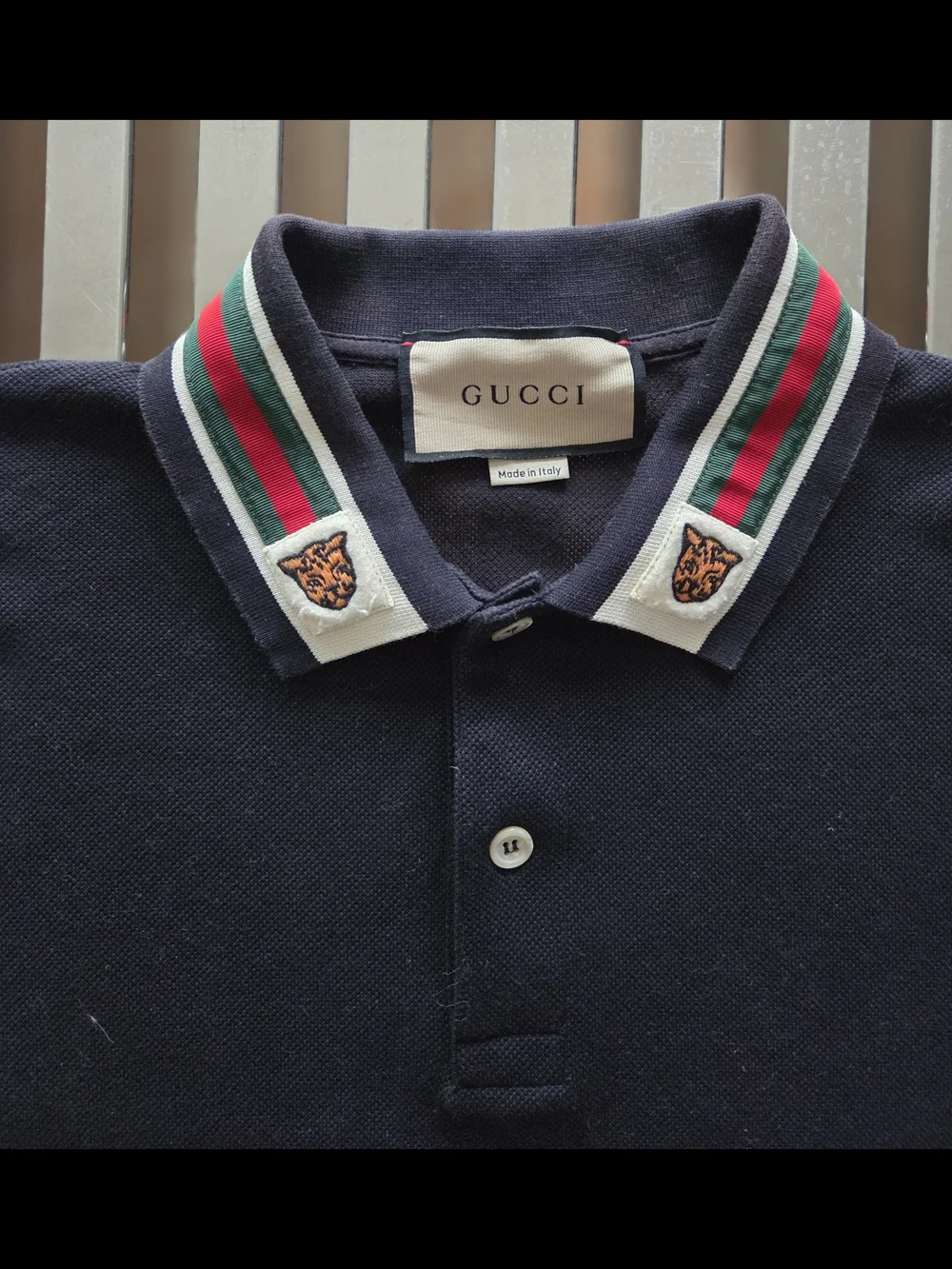 Men's Gucci Navy Polo with Tiger. Green & Red Stripe Collar Size L. Worn Once